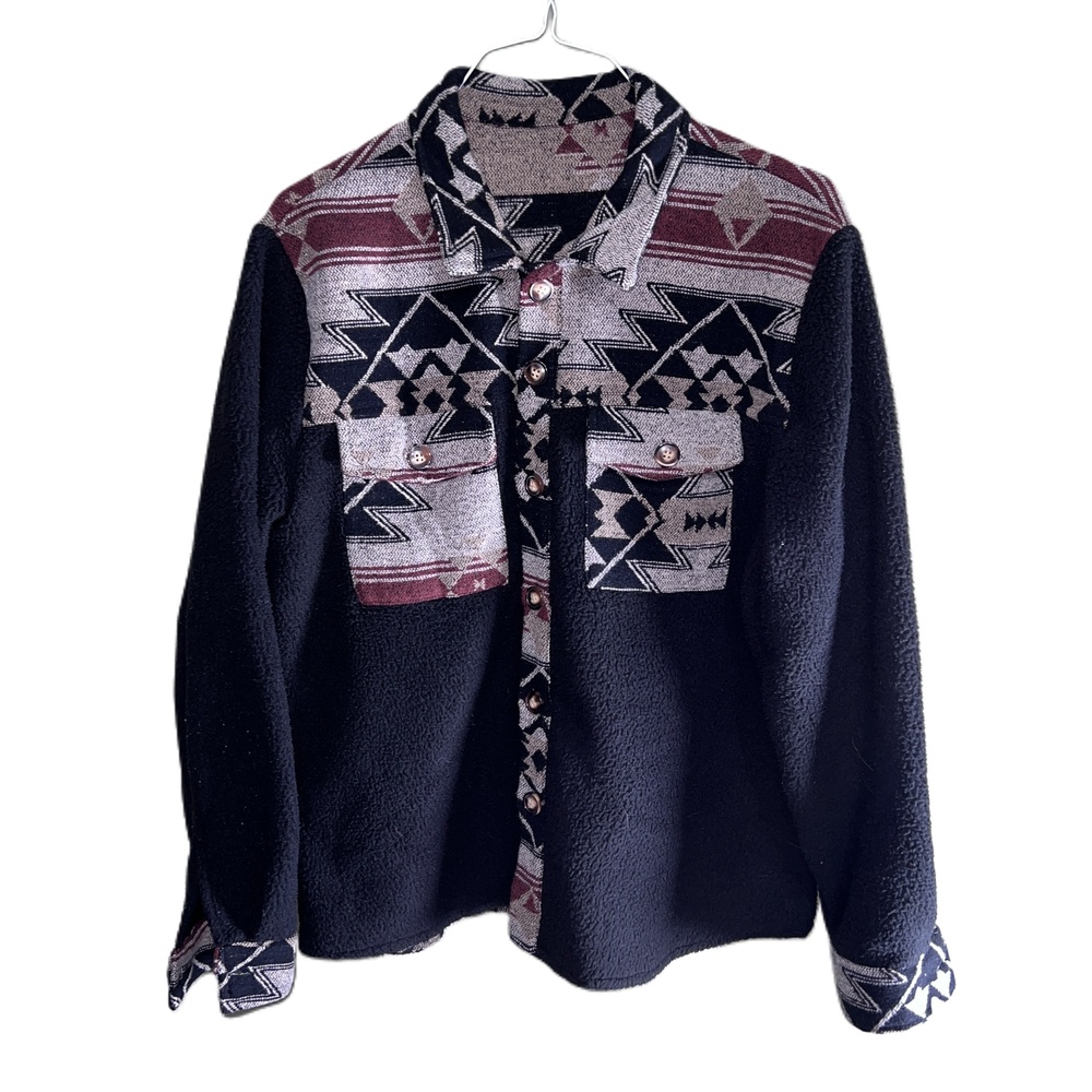 Mens Patterned Multi-Color Fleece Button Up Geometric Shacket Size Medium - Picture 5 of 5